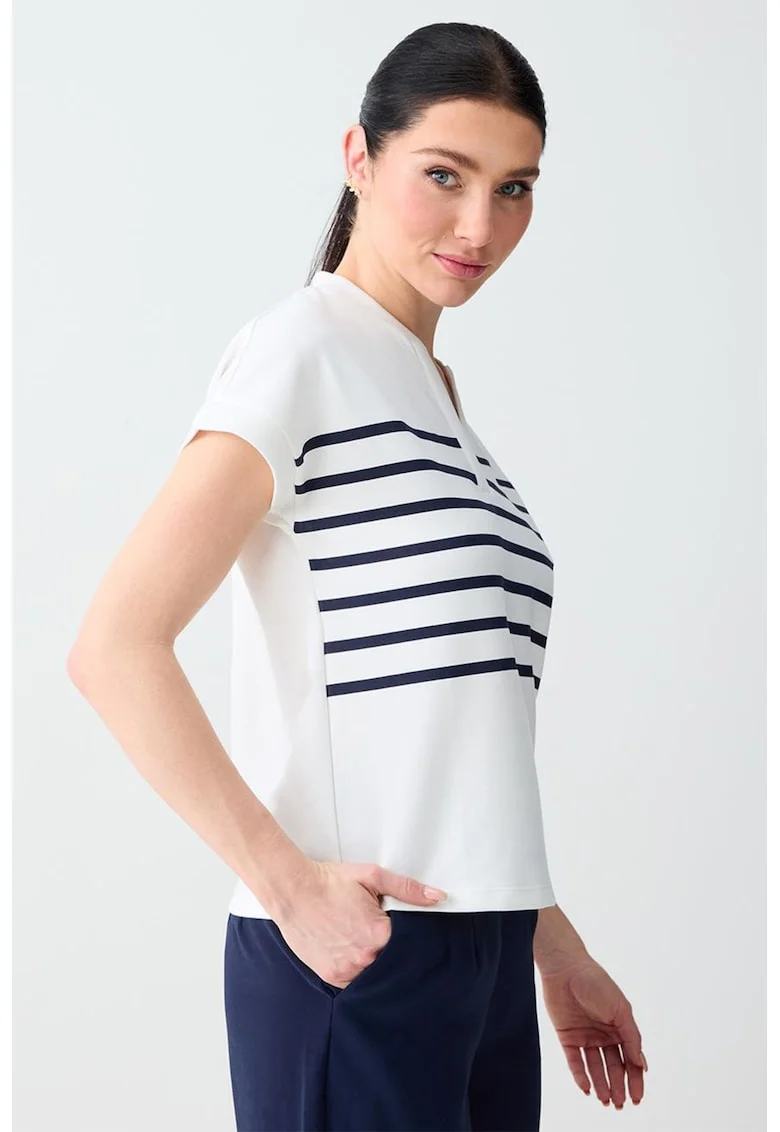 Tricou din amestec de modal cu dungi si decolteu in V, Alb/Bleumarin