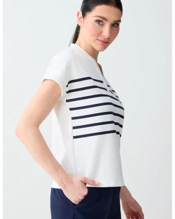 Tricou din amestec de modal cu dungi si decolteu in V, Alb/Bleumarin
