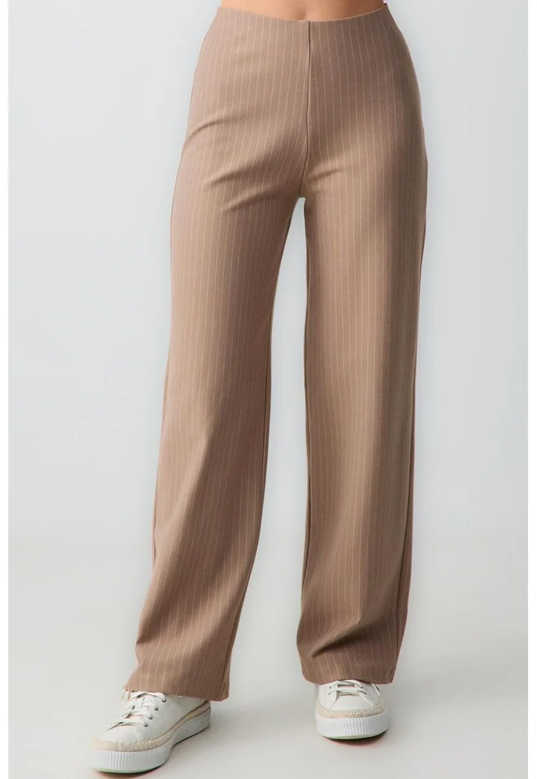 Pantaloni eleganti cu dungi si talie inalta, Bej