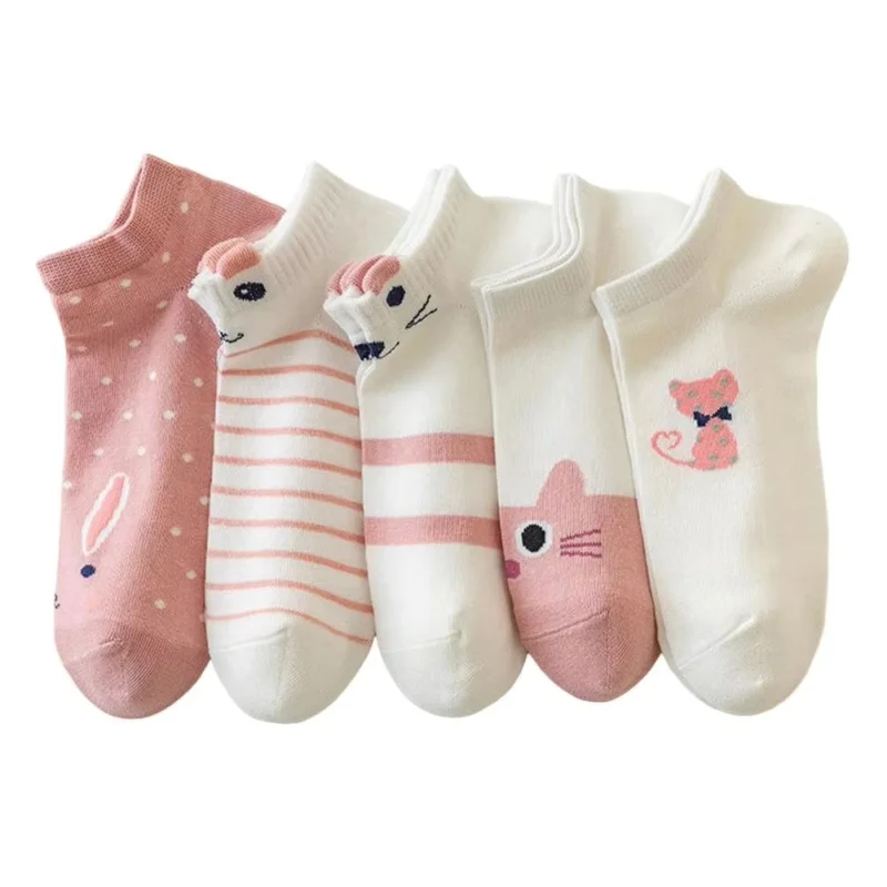 Set 5 perechi de sosete pentru dama, SS089, Crem/Roz, marime universala (35-39)