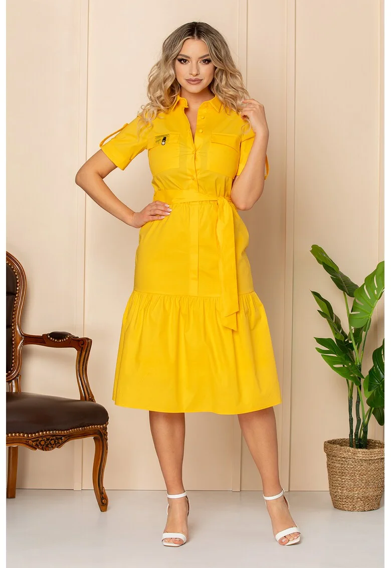 Rochie-camasa cu buzunare aplicate pe piept, Galben sofran