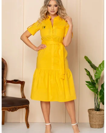 Rochie-camasa cu buzunare aplicate pe piept, Galben sofran