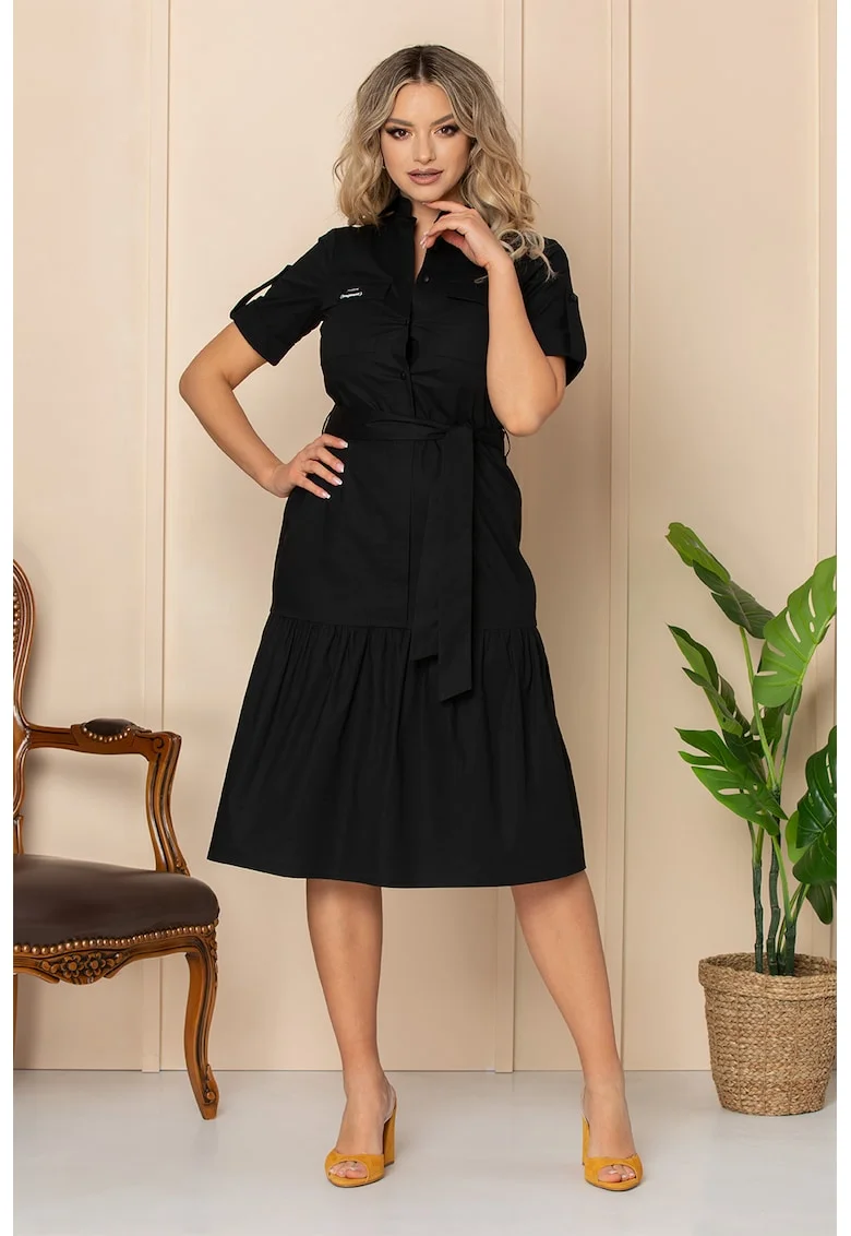 Rochie-camasa cu buzunare aplicate pe piept, Negru