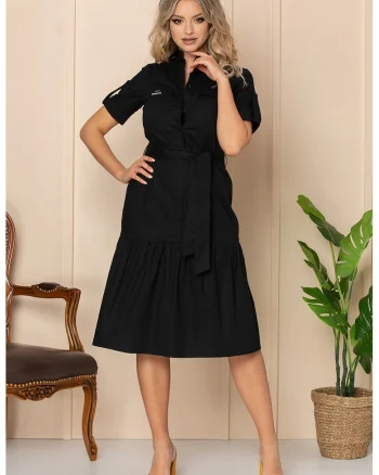 Rochie-camasa cu buzunare aplicate pe piept, Negru