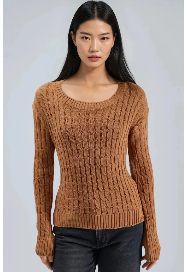 Pulover dama,  tricot, guler rotund, maro castor, One Size