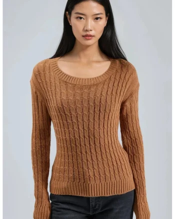 Pulover dama,  tricot, guler rotund, maro castor, One Size