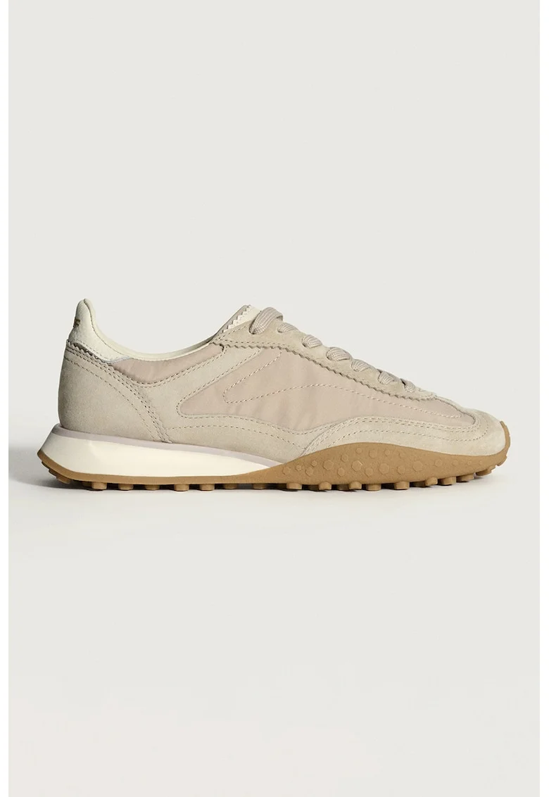 Pantofi sport din material textil si piele intoarsa cu model uni, Alb fildes/Bej deschis