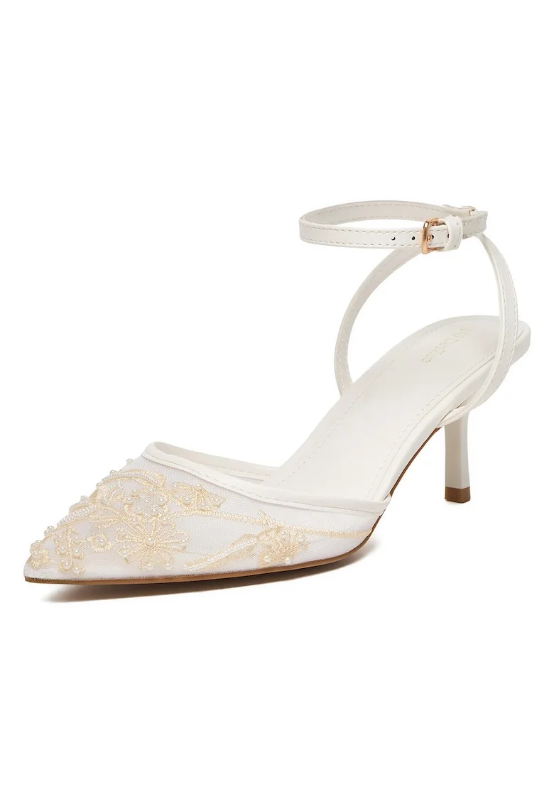 Pantofi dama,  sintetic, toc mic, varf ascutit, alb