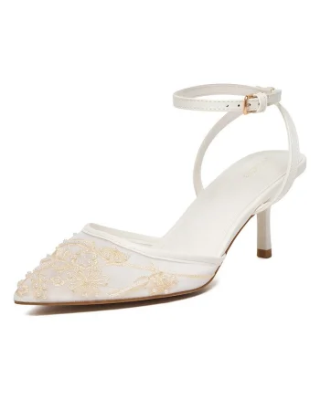Pantofi dama,  sintetic, toc mic, varf ascutit, alb