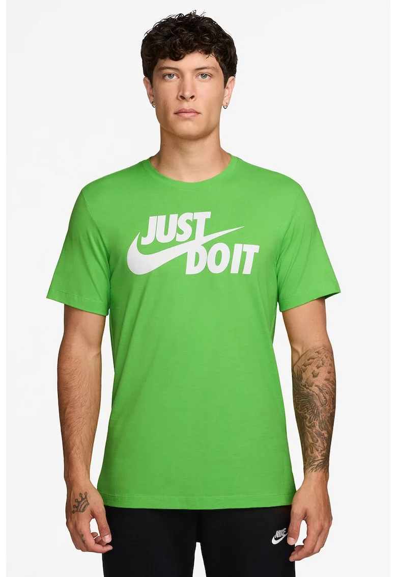 Tricou de bumbac cu imprimeu logo si text Swoosh, Alb/Verde deschis/Verde lime