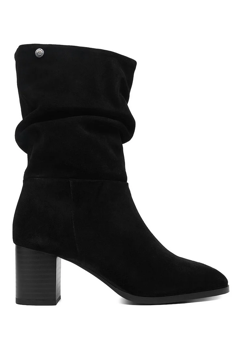 Botine dama,  piele intoarsa, negru, tocul stabil