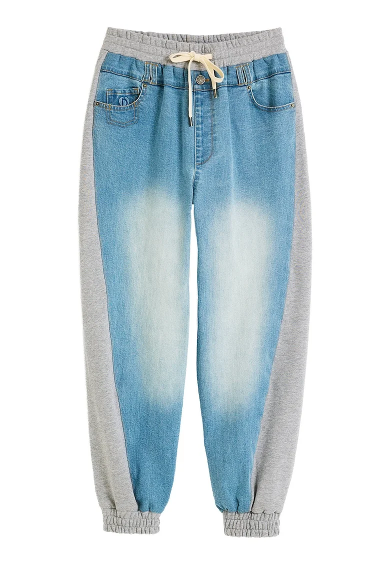 Pantaloni dama,  bumbac, albastru/gri