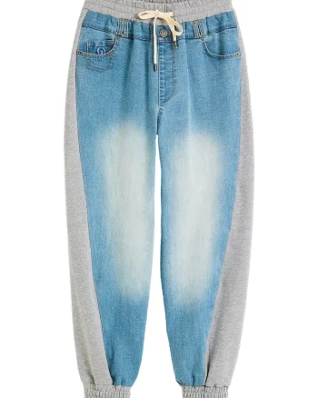 Pantaloni dama,  bumbac, albastru/gri