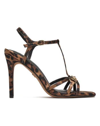 Sandale dama,  stiletto, maro/negru, textil
