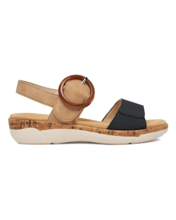 Sandale dama,  piele naturala, bej/negru, confortabile, cu catarama