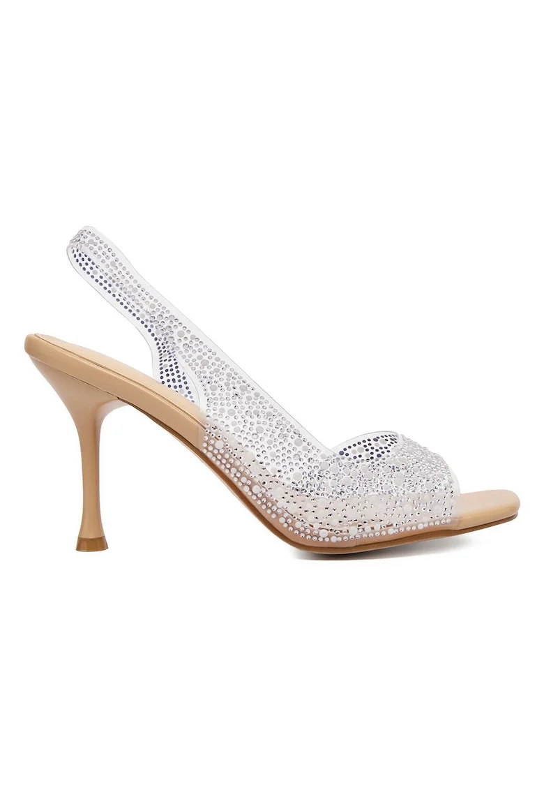 Sandale dama,  stiletto, bej, sintetic/argintiu, cu decoratiuni