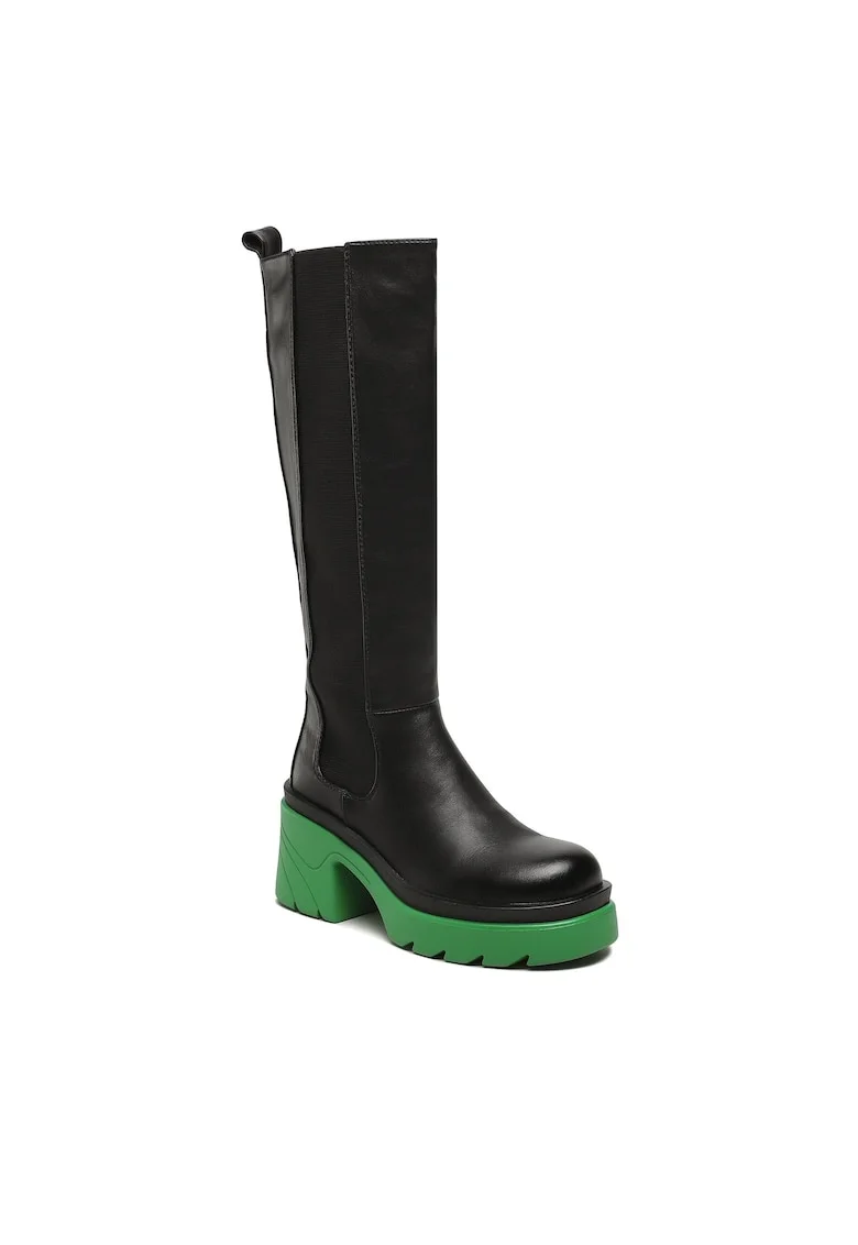 Cizme dama,  piele ecologica, negru, toc clasic, fermoar