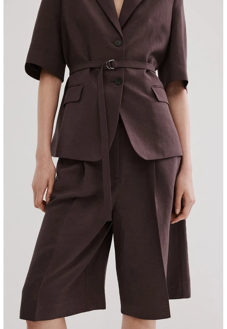 Pantaloni scurti din amestec de in cu croiala ampla si detalii pensa, Violet prafuit
