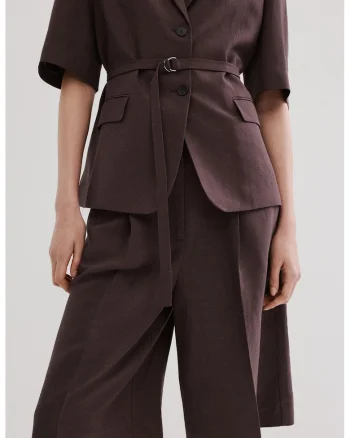 Pantaloni scurti din amestec de in cu croiala ampla si detalii pensa, Violet prafuit