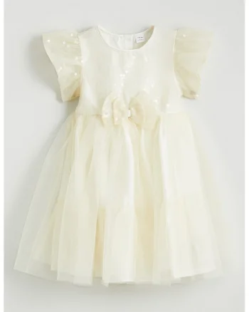 Rochie cu paiete si strat exterior din tul, Galben pal