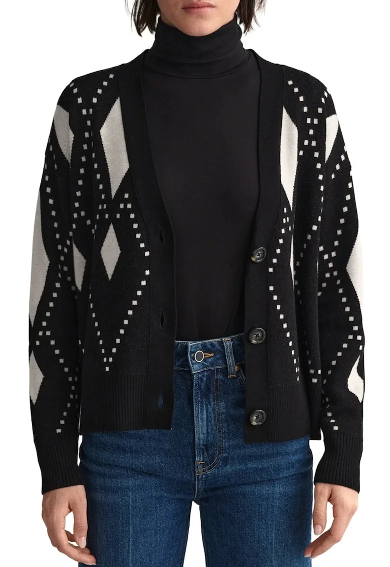 Cardigan cu model geometric, Negru