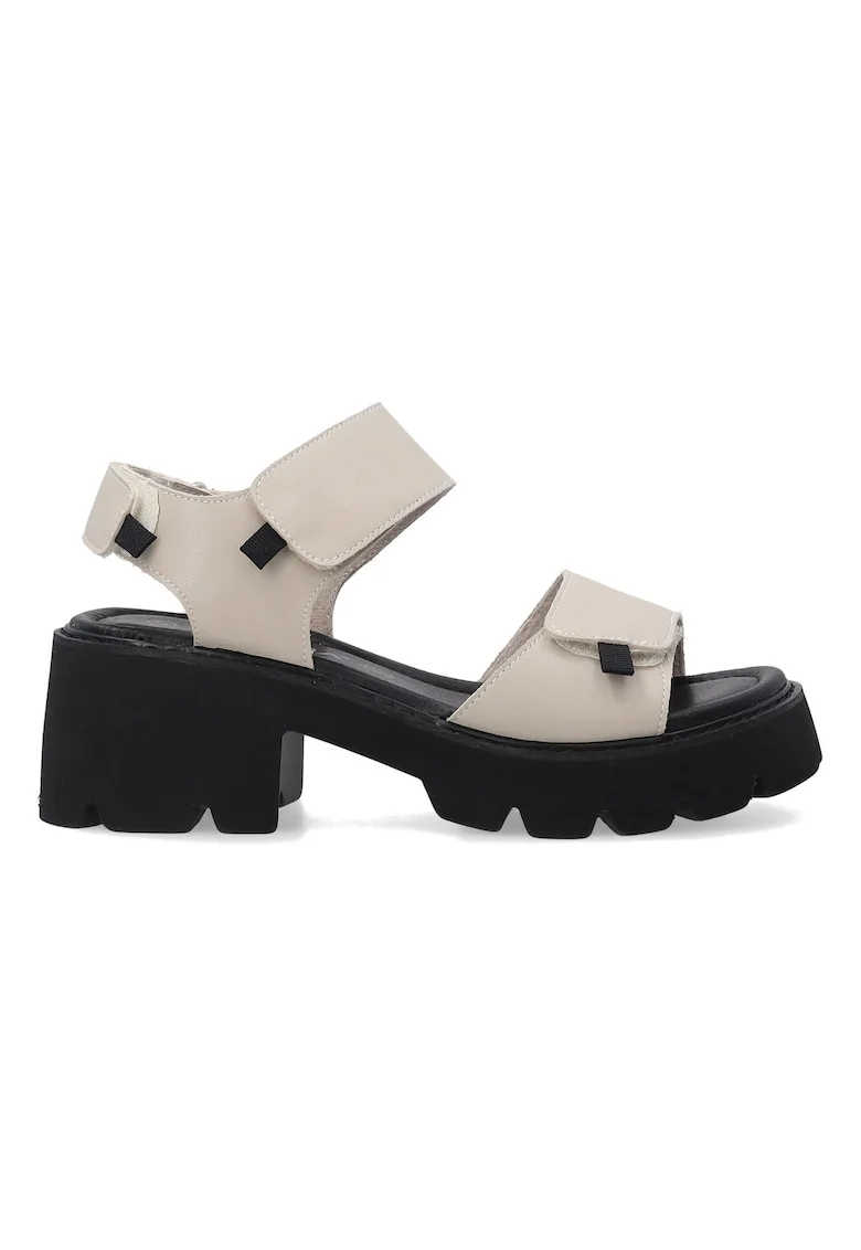 Sandale din piele cu inchidere velcro si toc masiv