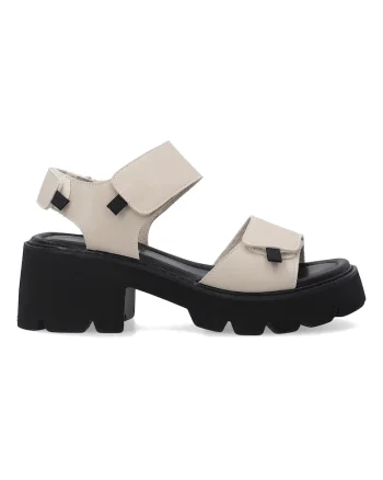 Sandale din piele cu inchidere velcro si toc masiv