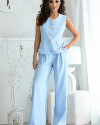 Compleu Valeska, cu pantaloni largi si vesta eleganta accesorizata, Bleu, Marime S/M