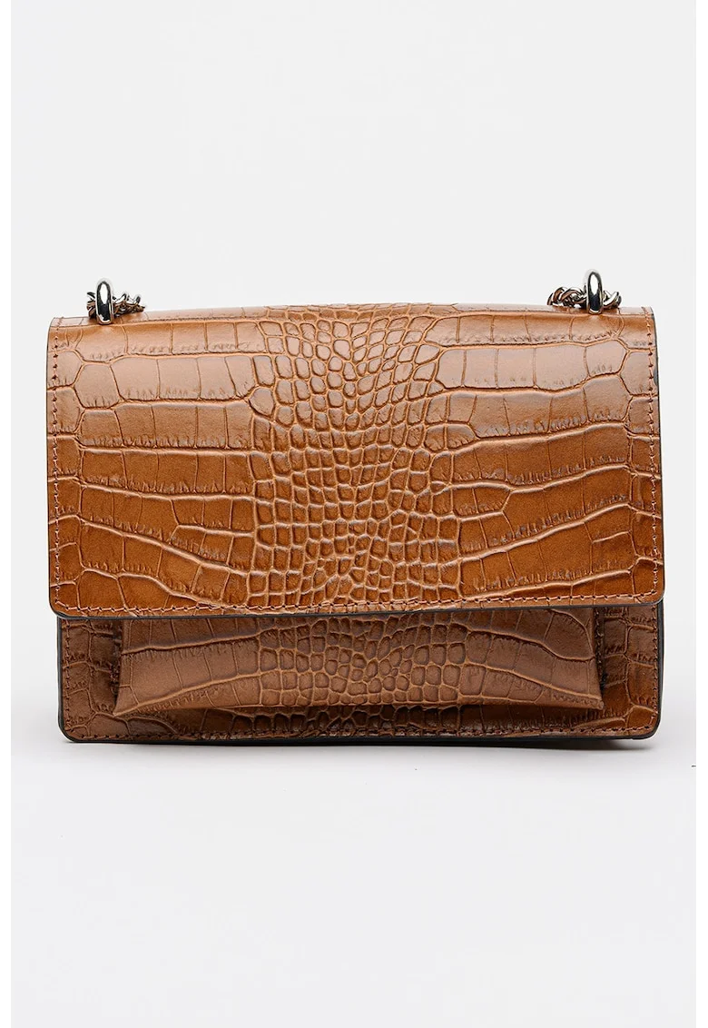 Geanta de piele cu bareta de umar si aspect de piele de crocodil, Maro cognac