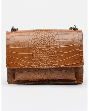 Geanta de piele cu bareta de umar si aspect de piele de crocodil, Maro cognac