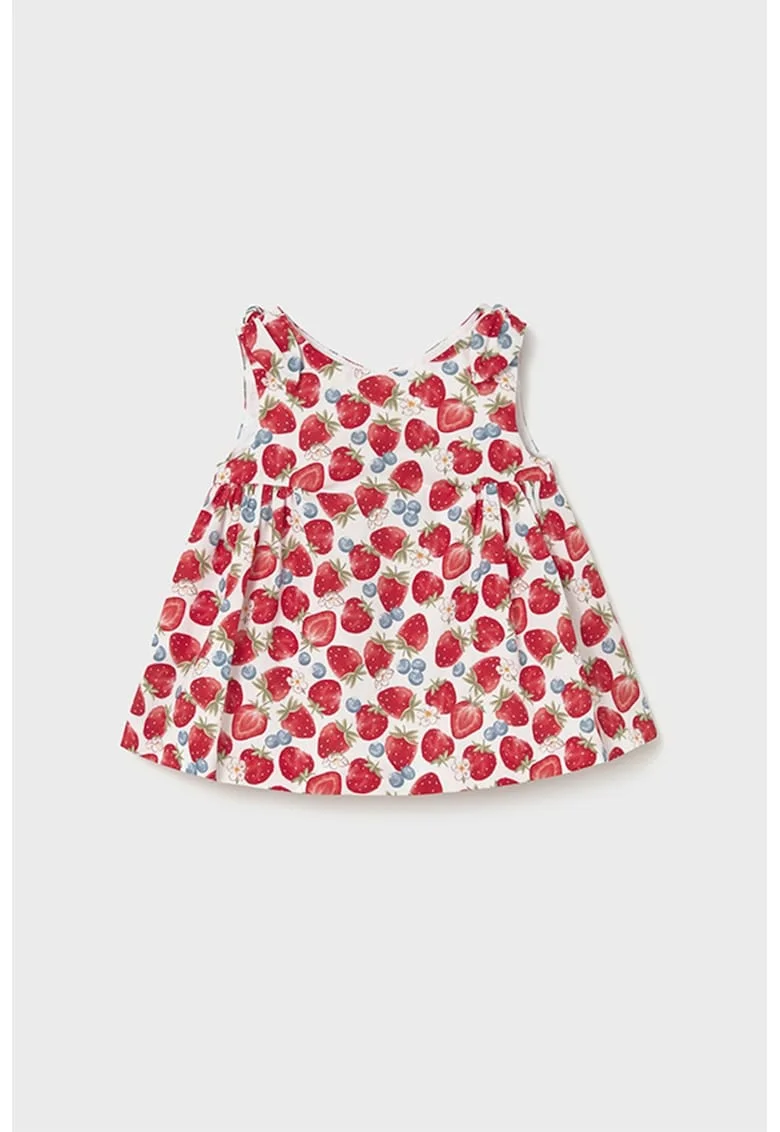 Rochie evazata de bumbac cu model cu capsune, Rosu/Alb murdar