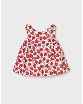 Rochie evazata de bumbac cu model cu capsune, Rosu/Alb murdar