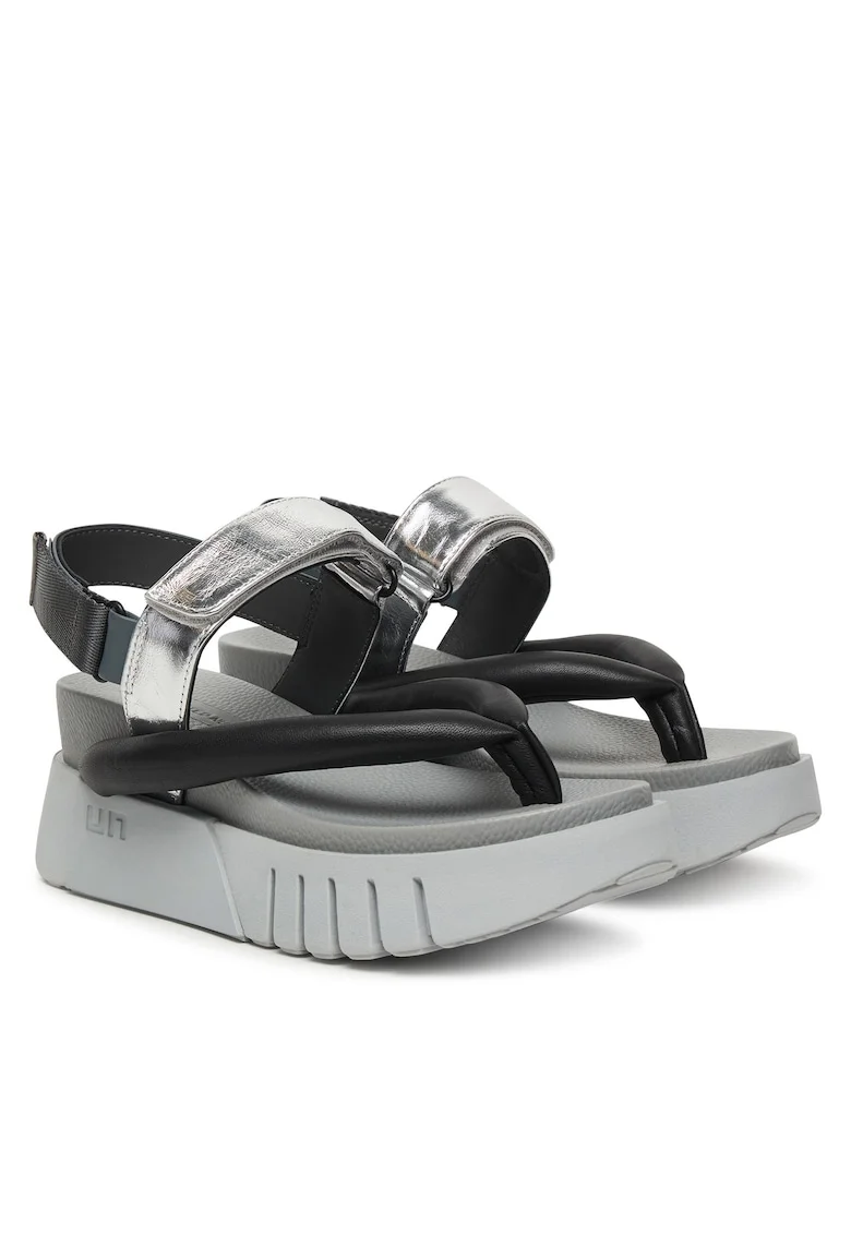 Sandale dama,  piele naturala, gri/negru, sistem inchidere Velcro