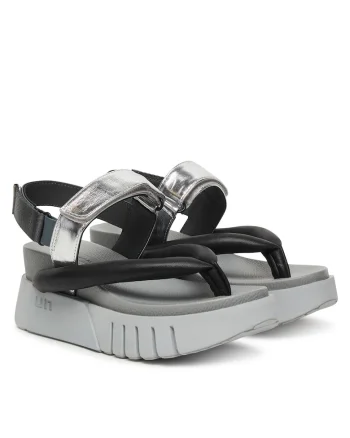 Sandale dama,  piele naturala, gri/negru, sistem inchidere Velcro