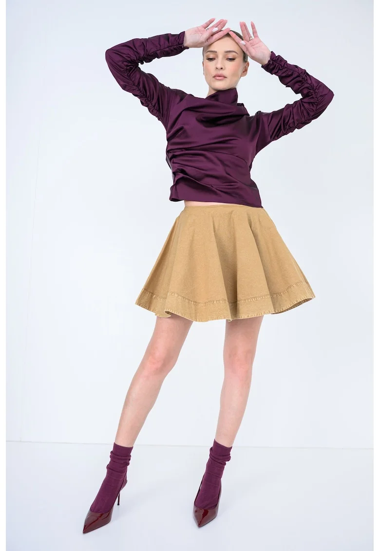 Fusta evazata din material Chambray, Maro camel