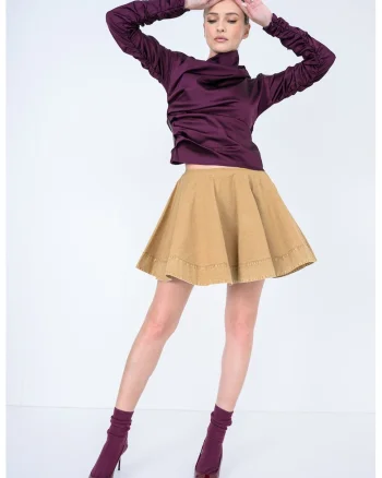 Fusta evazata din material Chambray, Maro camel