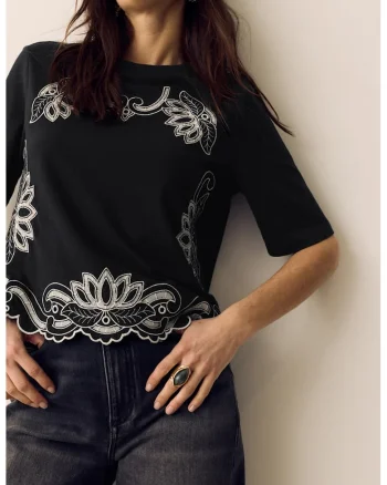 Bluza cu decolteu rotund si broderie, Negru