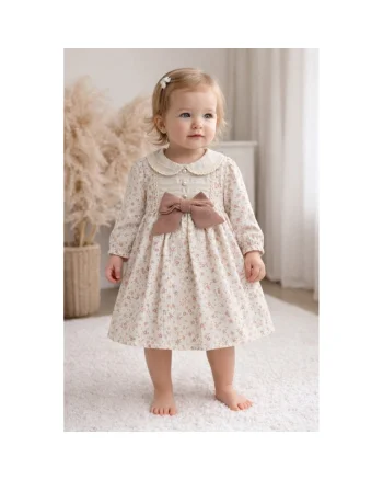 Rochie fetita crem floral cu funda maro eleganta vintage botez aniversari