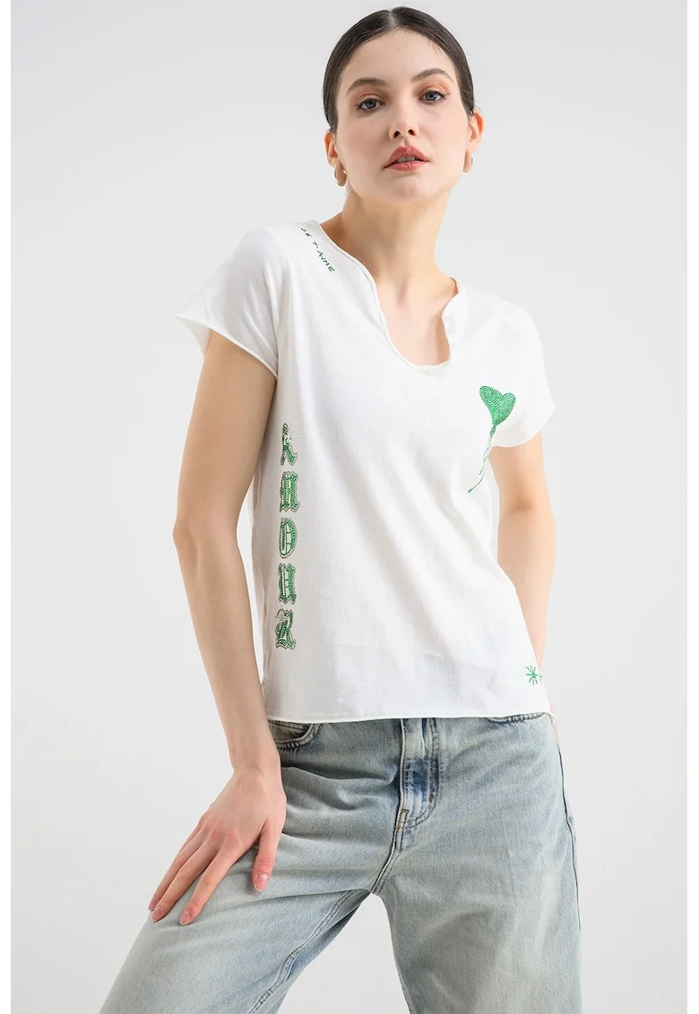 Tricou cu elemente cu strasuri Tunisien, Alb/Verde