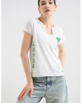 Tricou cu elemente cu strasuri Tunisien, Alb/Verde