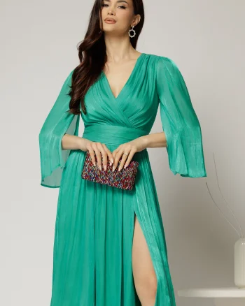 Rochie DY Fashion verde de ocazie din voal peliculizat cu maneci crapate