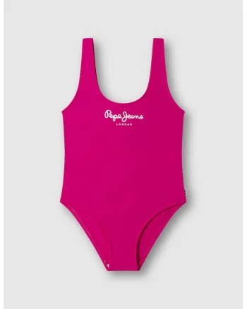 Costum de baie intreg cu imprimeu logo, Fucsia/Roz