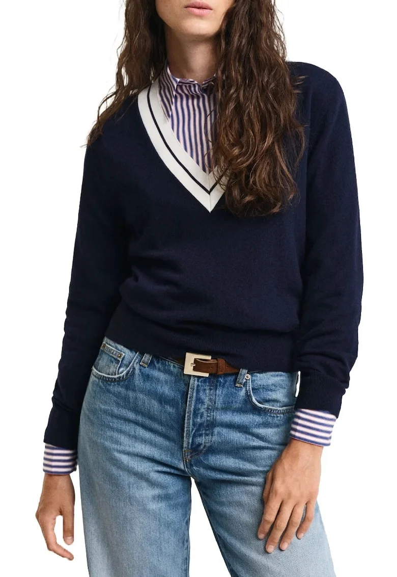 Pulover dama in V Gant 4805303, Bleumarin