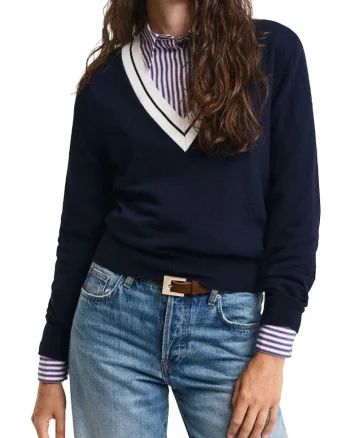 Pulover dama in V Gant 4805303, Bleumarin