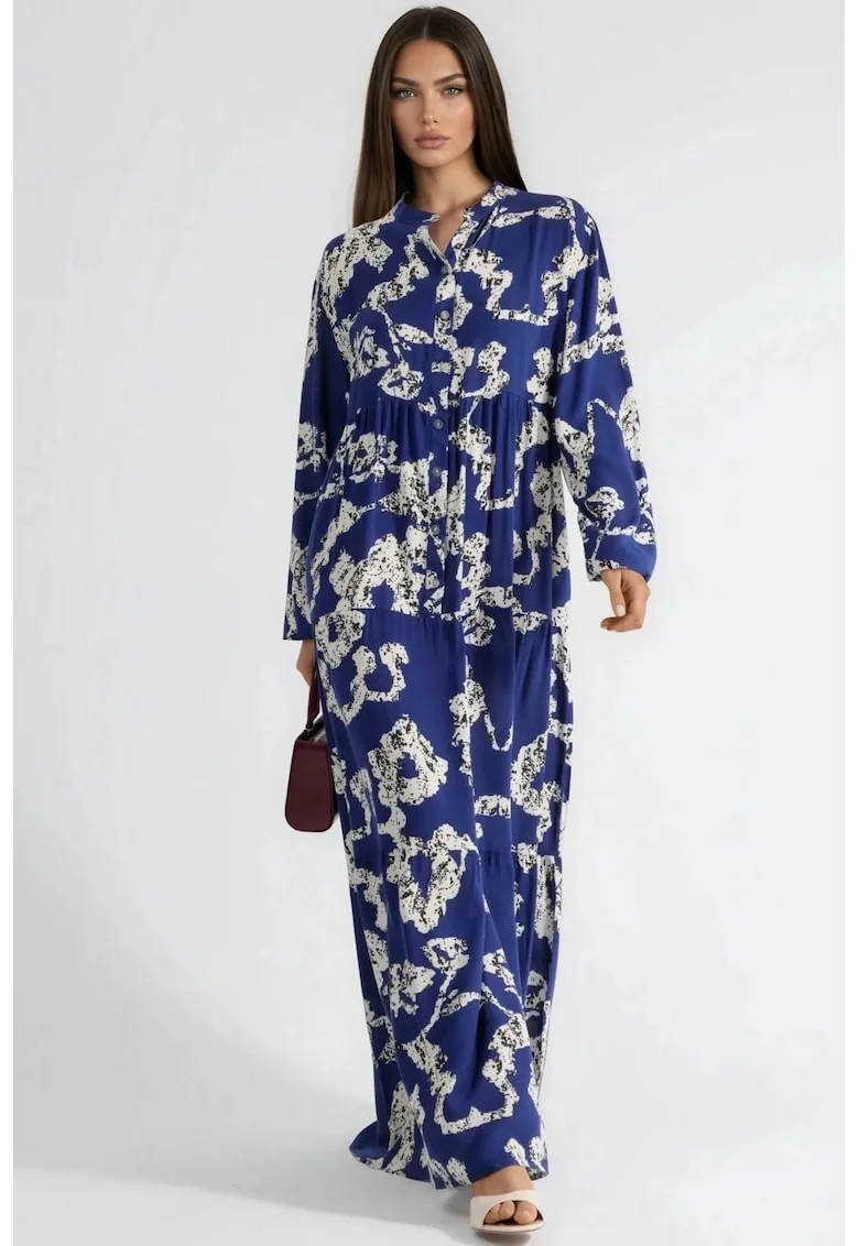 Rochie Maxi  decolteu in V, cu nasturi, Albastru