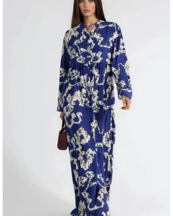 Rochie Maxi  decolteu in V, cu nasturi, Albastru