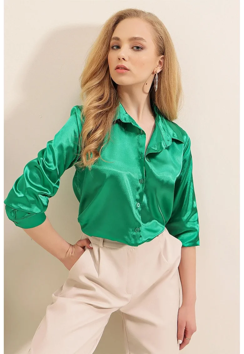 Camasa  satin, cu maneca lunga, verde, poliester