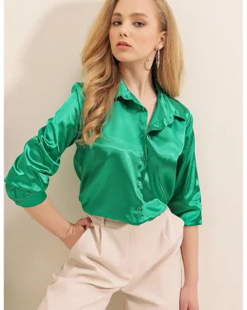 Camasa  satin, cu maneca lunga, verde, poliester