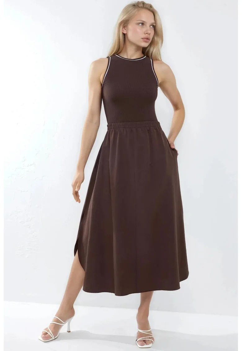 Rochie Midi Fara Maneci  Nervuri, Guler Rotund, Maro, Viscoza-Elastan