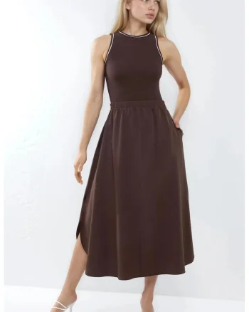 Rochie Midi Fara Maneci  Nervuri, Guler Rotund, Maro, Viscoza-Elastan